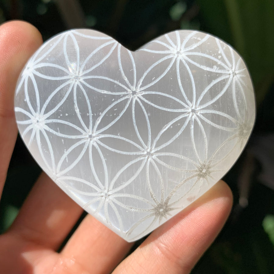Selenite Heart (carved Flower of Life)