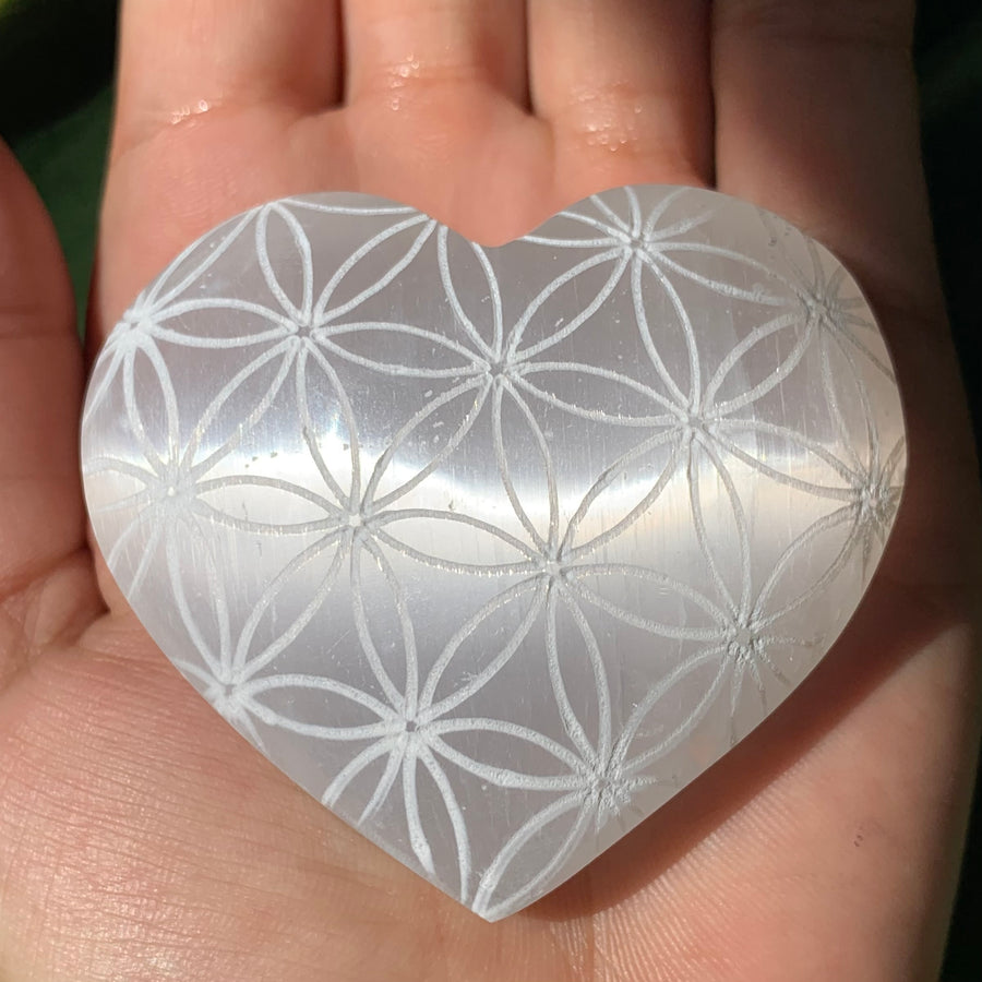 Selenite Heart (carved Flower of Life)