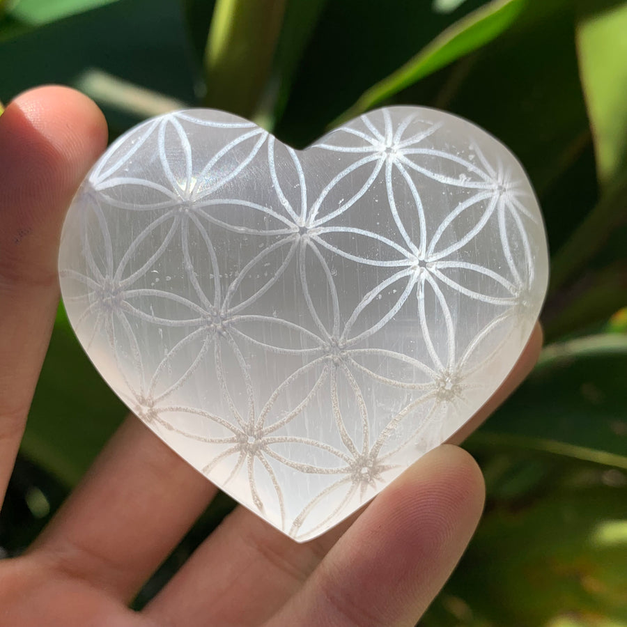 Selenite Heart (carved Flower of Life)